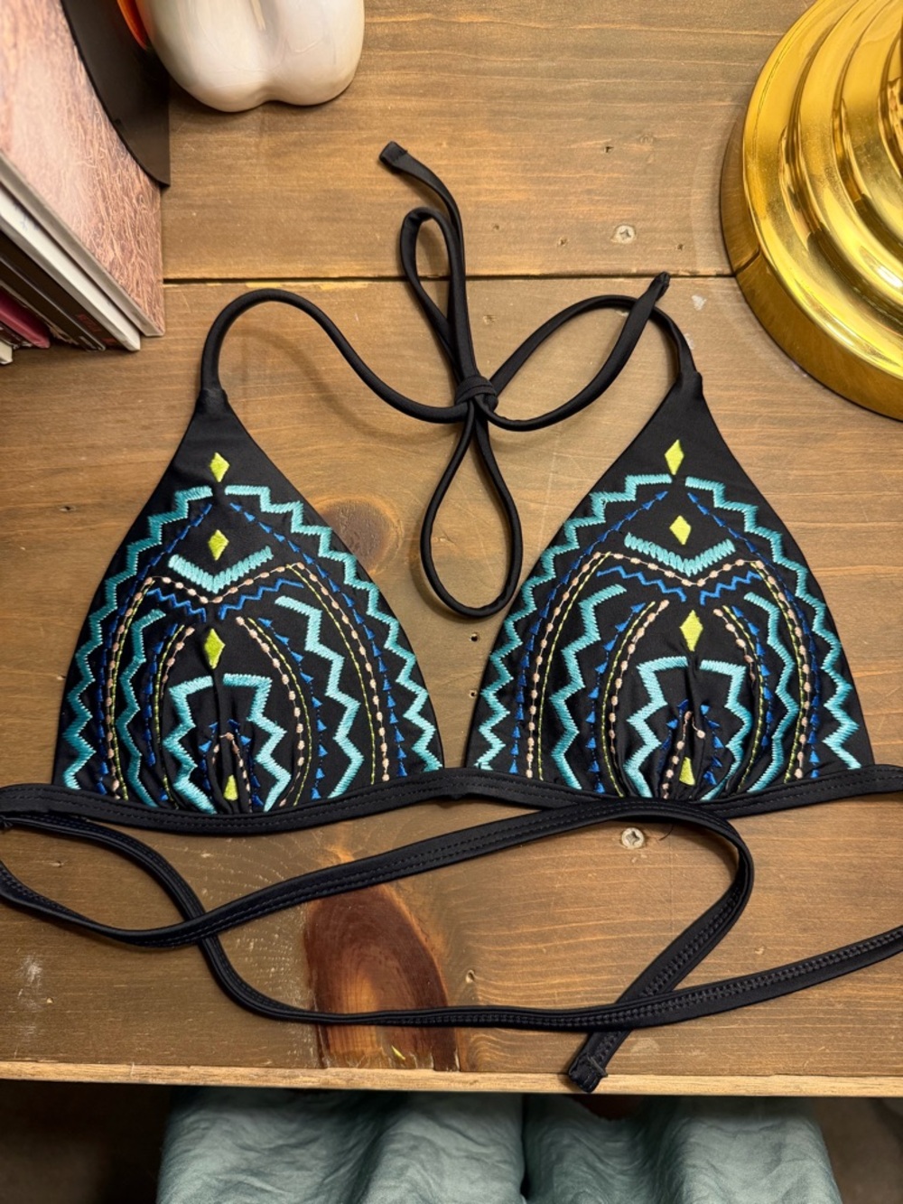 SO Black Bikini Top with Teal and Yellow Embroidery